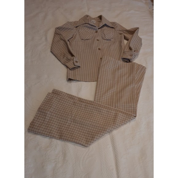 Vintage Jennifer Gee Pant Suit Brown Plaid, 1960's, 70's Double Knit Fabric